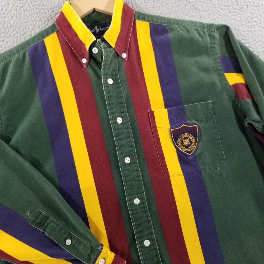 Vtg Ralph Lauren Shirt *FLAWS* Mens Small Green Striped Polo Crest Twill Shield